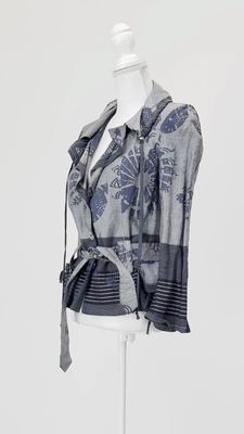Michele Negri, Greys/Navy Patterned Button-Up Tie Waist D/String Collar Jacket, Size 42