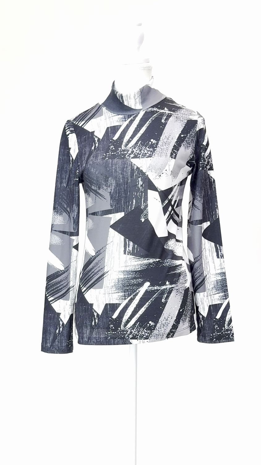 Art Simply by Dolcezza, Black/Grey/White Print Turtleneck L/Sv Top, Size XS