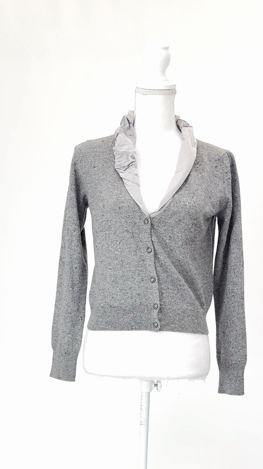 Fabiana Filippi, Grey Mixed Yarn Contrast Collar Trim Wool/Cashmere/Silk Blend Button-Up Cardigan, Size GB12/M