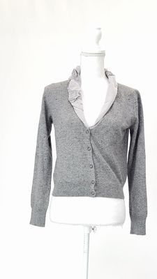 Fabiana Filippi, Grey Mixed Yarn Contrast Collar Trim Wool/Cashmere/Silk Blend Button-Up Cardigan, Size GB12/M