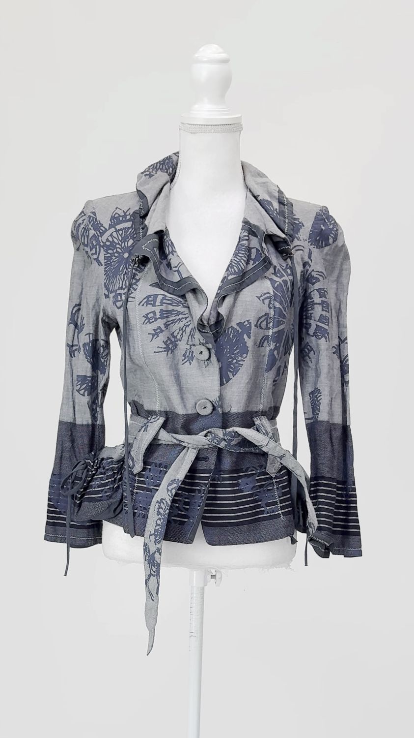 Michele Negri, Greys/Navy Patterned Button-Up Tie Waist D/String Collar Jacket, Size 42