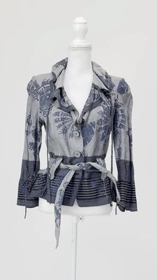 Michele Negri, Greys/Navy Patterned Button-Up Tie Waist D/String Collar Jacket, Size 42