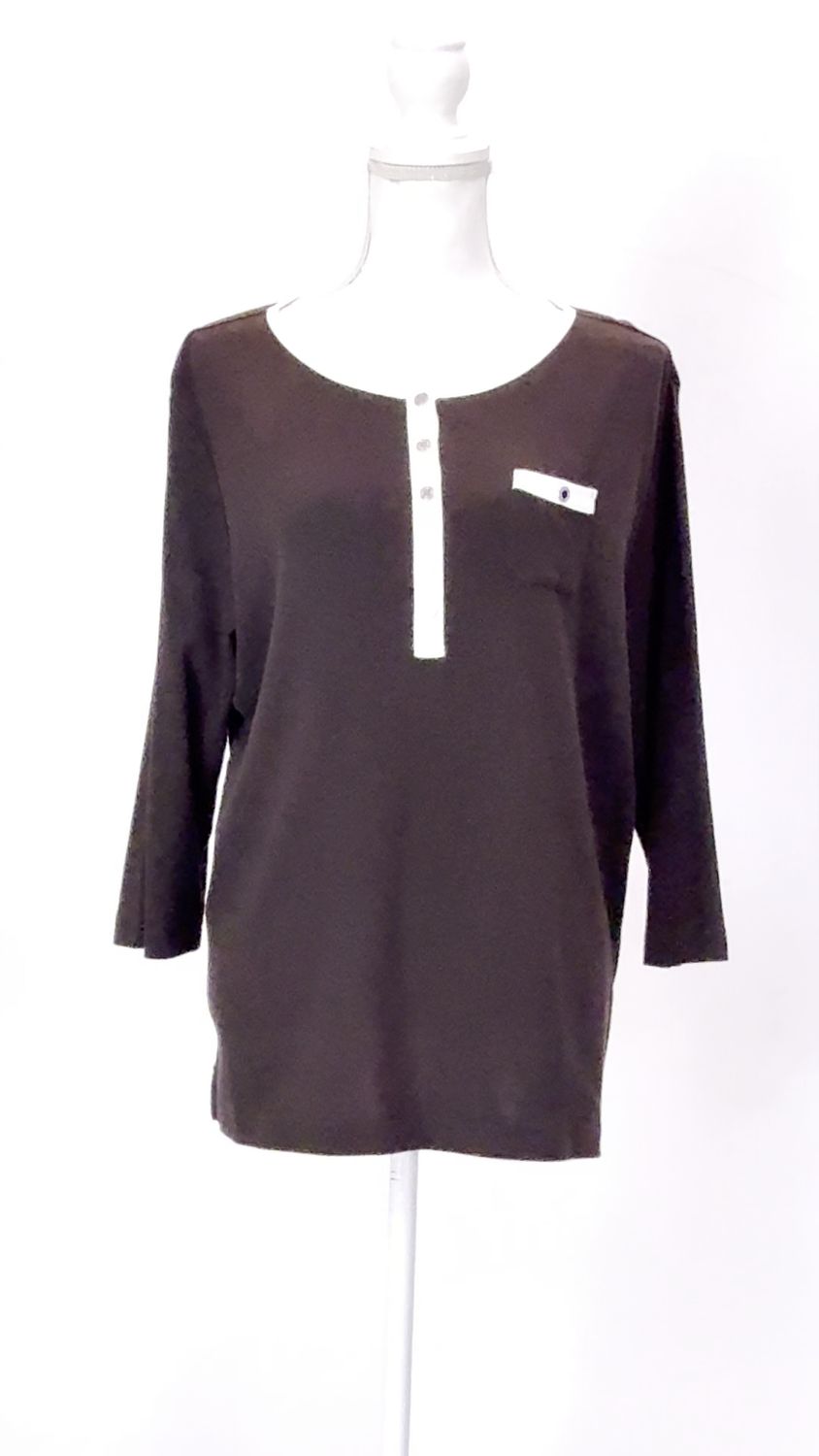 Lauren Ralph Lauren, Brown/White Placket Front 3/4 Slv Knit Top, Size 1X