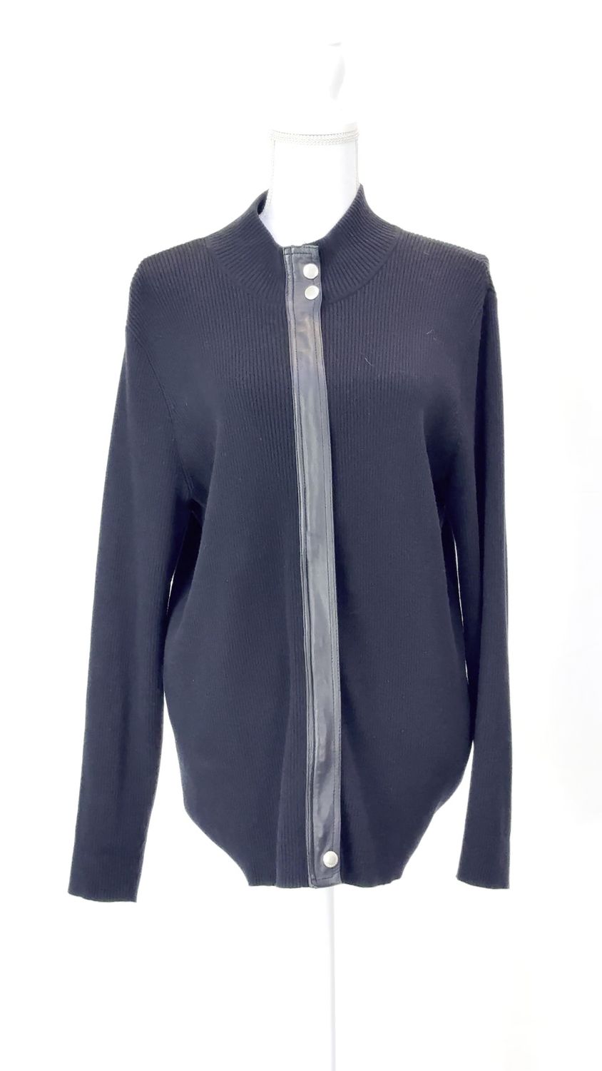 Lauren Ralph Lauren, Black/Silver Zip Front Rib Knit W/Leather Trim Cardigan Coat, Size 2XL