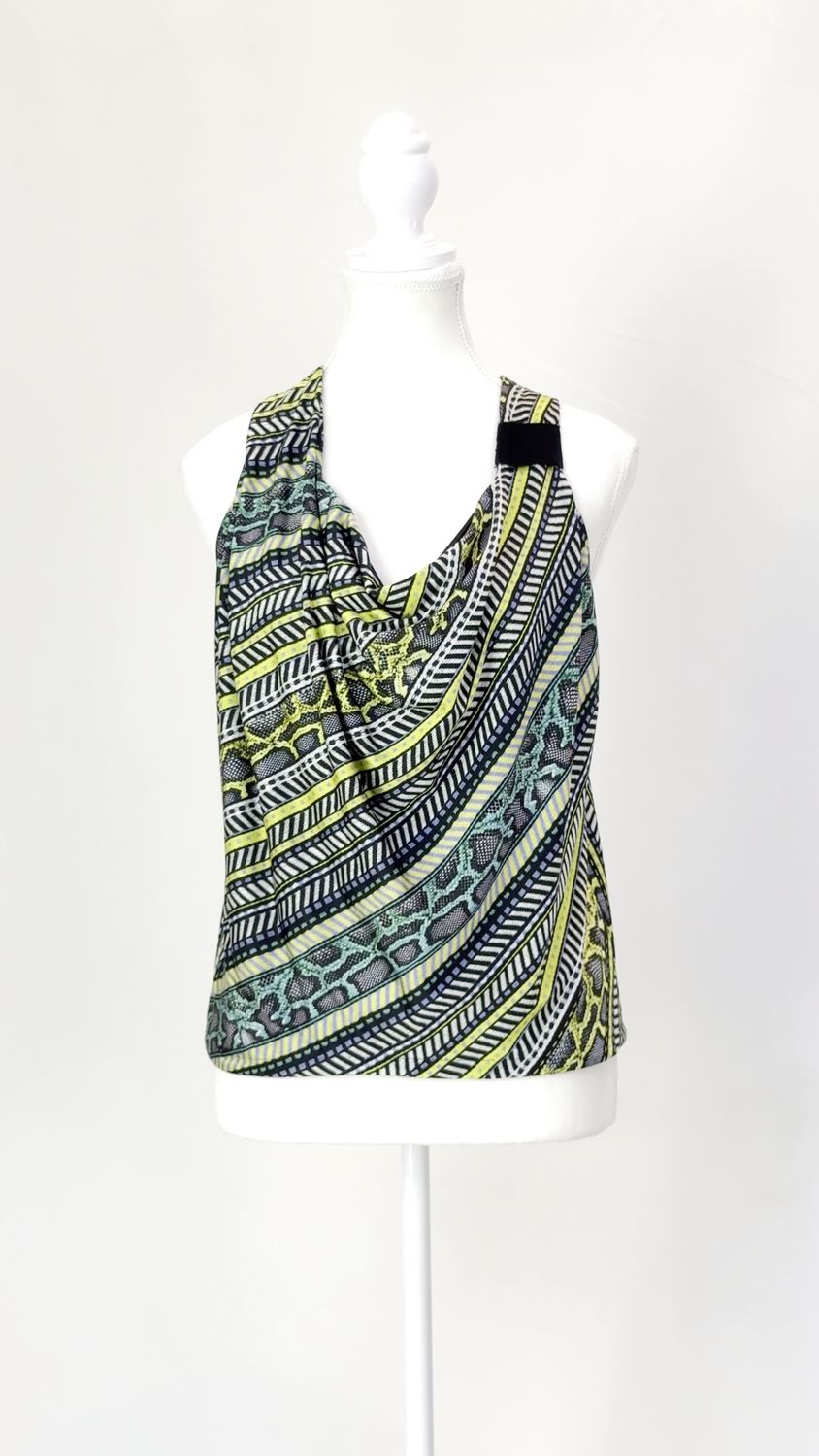 Just Cavalli, Black/Yellow/Green Diagonal Stripe/Reptile Print Cowl Neck S/Less Top, Size 42