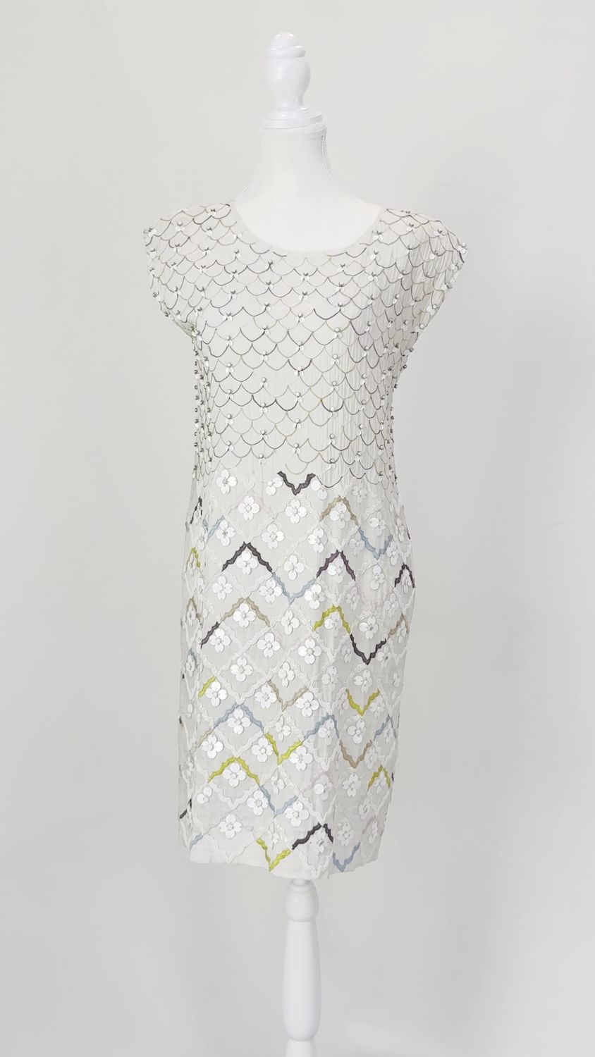Megan Park, White/Grey/Multi Bead Embellished S/Less Dress, Size S/M