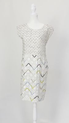 Megan Park, White/Grey/Multi Bead Embellished S/Less Dress, Size S/M