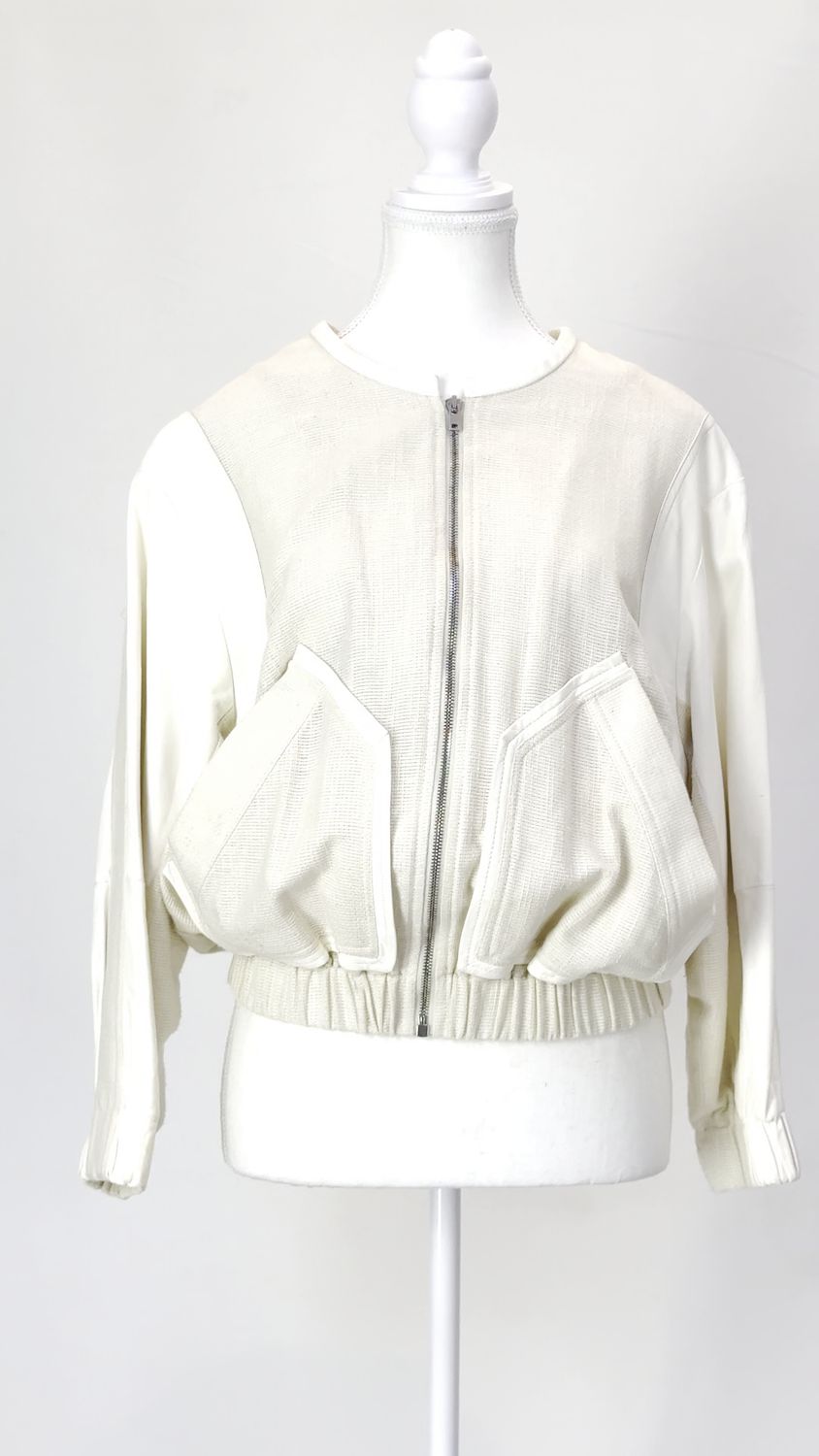 IRO, Cream Lamb Leather Trimmed Zip Front Bomber Jacket W/Elasticated Hem/Cuff, Size 36