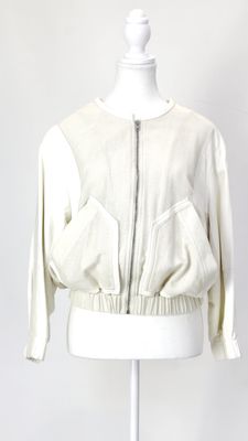 IRO, Cream Lamb Leather Trimmed Zip Front Bomber Jacket W/Elasticated Hem/Cuff, Size 36