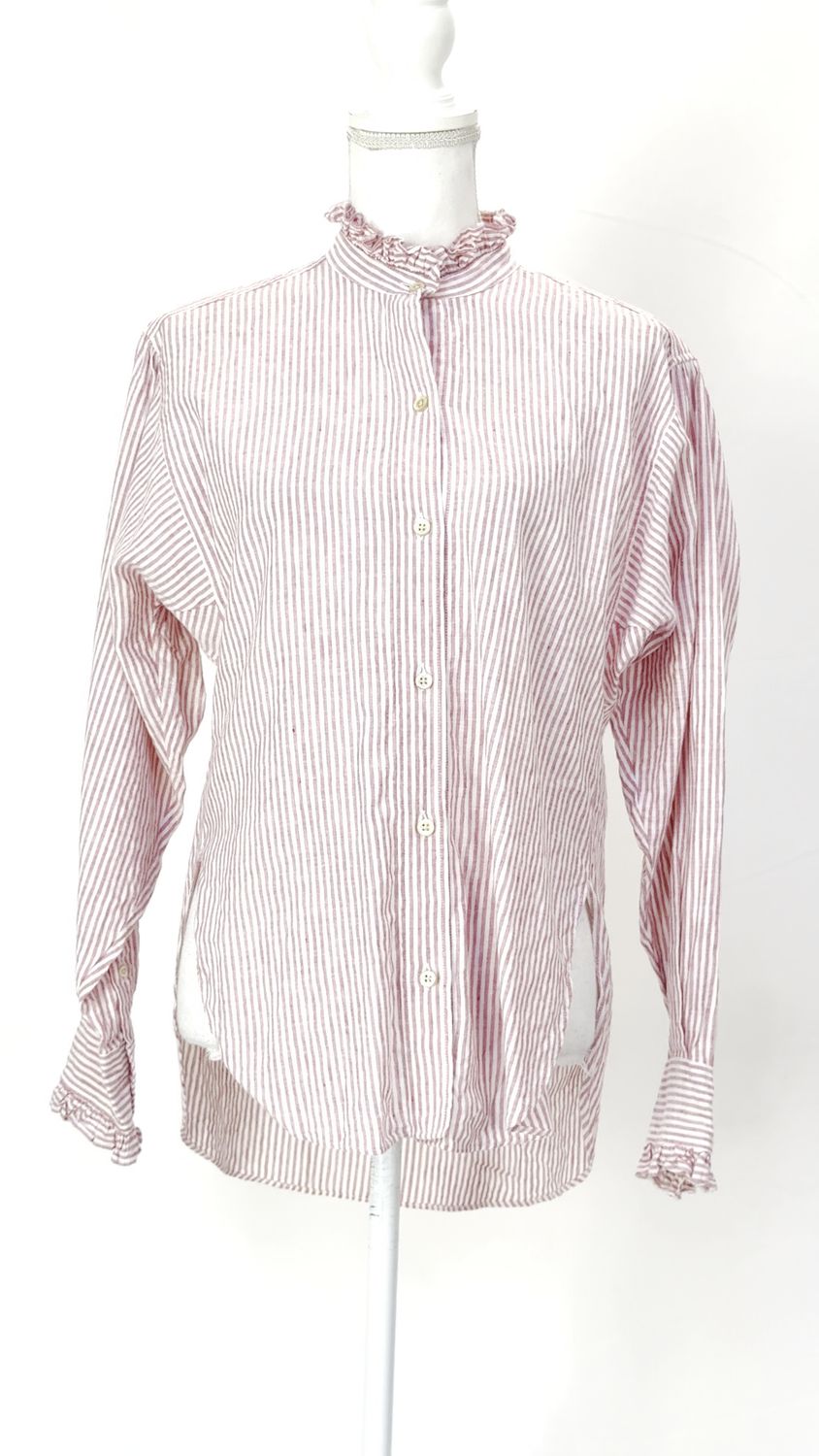 Isabel Marant Etoile, Red/White Stripe Frill Collar Linen Blend Curved Slit Hemline L/Slv Shirt, Size 36