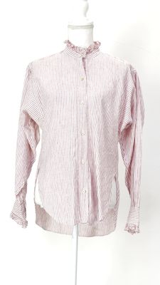 Isabel Marant Etoile, Red/White Stripe Frill Collar Linen Blend Curved Slit Hemline L/Slv Shirt, Size 36