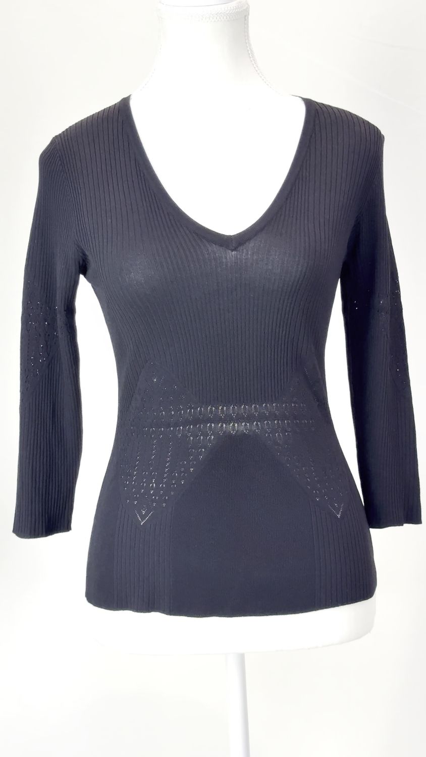 Yuka, Black Rib Pointelle Knit 3/4 Slv Top, Size T2