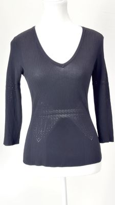 Yuka, Black Rib Pointelle Knit 3/4 Slv Top, Size T2