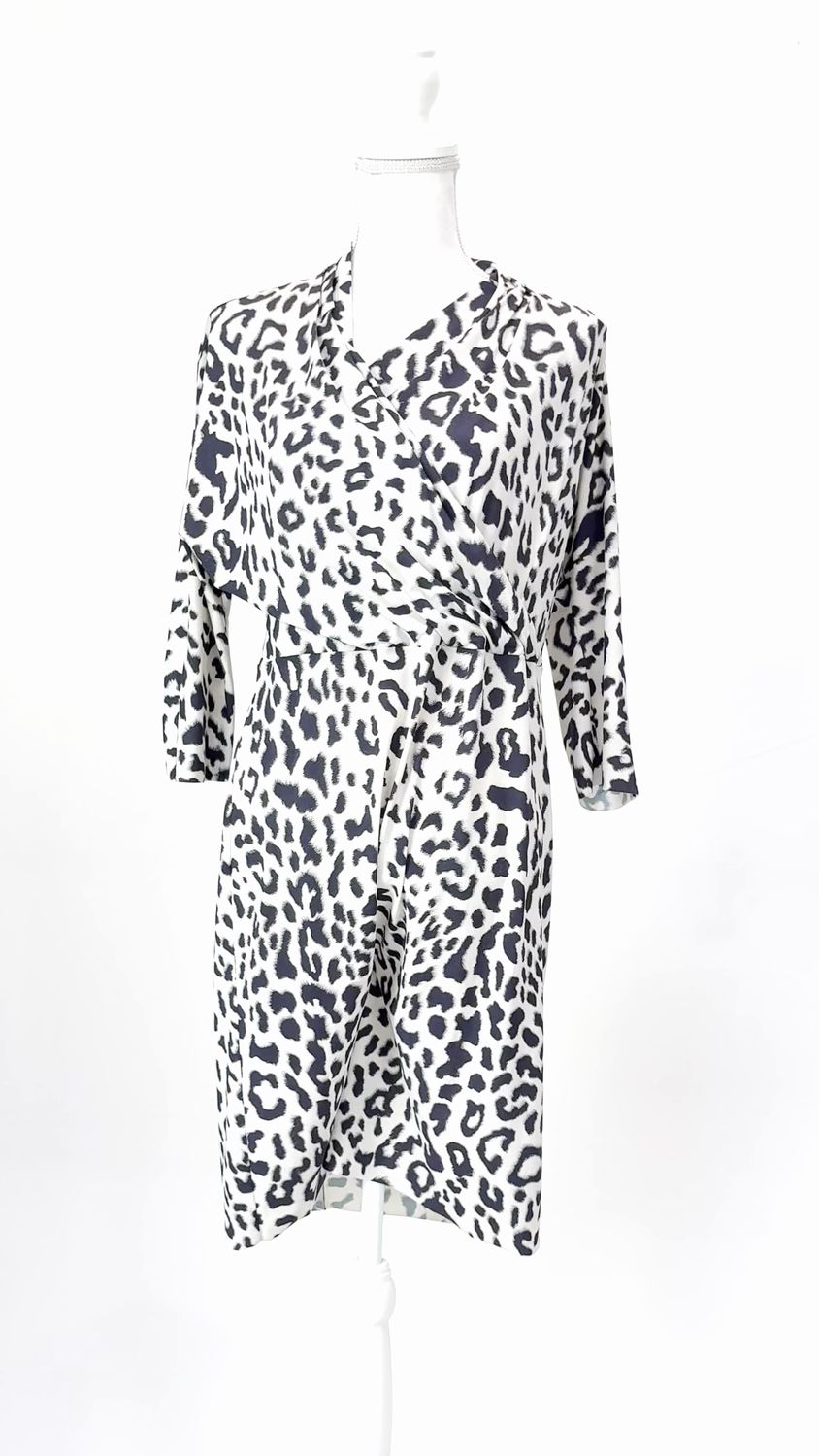 Irie Wash, Stone/Black Animal Print Crossover Tie Belt 3/4 Slv Dress, Size L