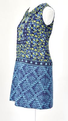 Anna Sui, Blue/Navy/White/Multi Patterned Print Peter Pan Collar Button Detail Wool Blend S/Less Dress, Size 0