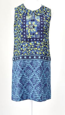 Anna Sui, Blue/Navy/White/Multi Patterned Print Peter Pan Collar Button Detail Wool Blend S/Less Dress, Size 0