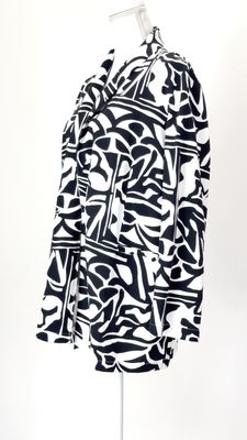 Maria Bellentani, White/Black Print Shawl Collar One-Button Linen Blend Jacket, Size L