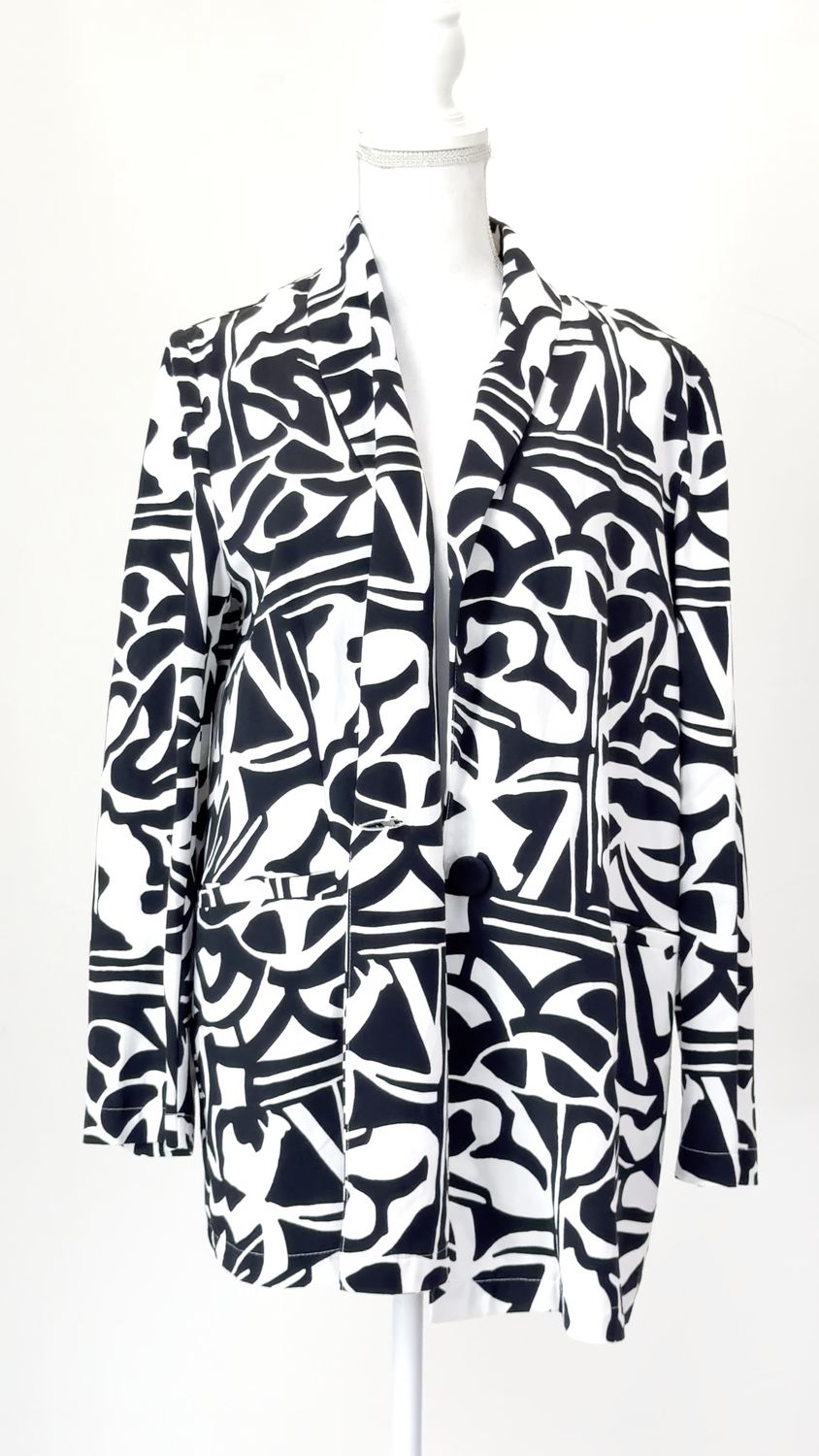 Maria Bellentani, White/Black Print Shawl Collar One-Button Linen Blend Jacket, Size L