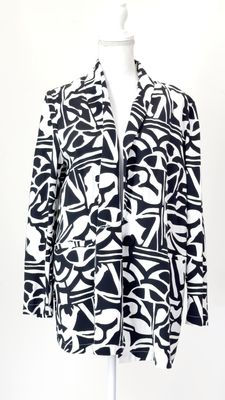 Maria Bellentani, White/Black Print Shawl Collar One-Button Linen Blend Jacket, Size L