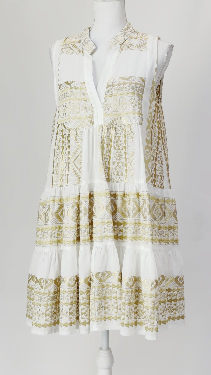 Toscani, Ivory/Gold Embroidered Placket V-Neck S/Less Tiered Flare Dress, Size M
