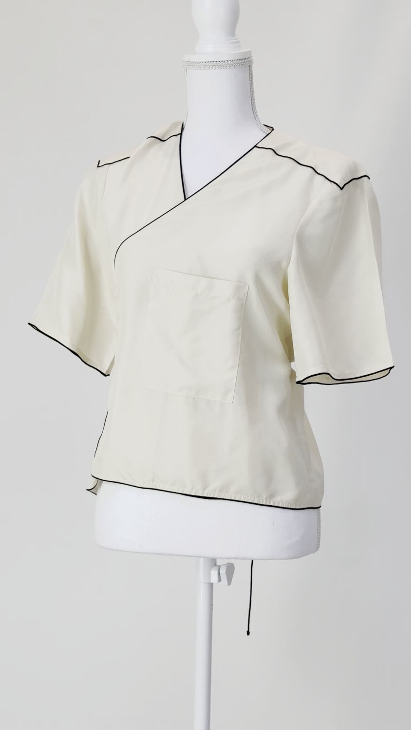 Apiece Apart, Cream/Black Piped Trim Wrap Tie Waist Silk S/Slv  Top, Size M