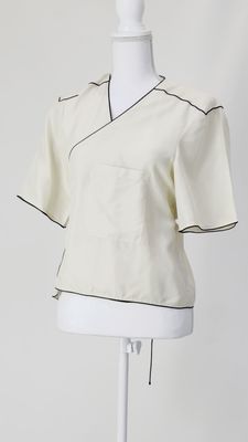 Apiece Apart, Cream/Black Piped Trim Wrap Tie Waist Silk S/Slv  Top, Size M