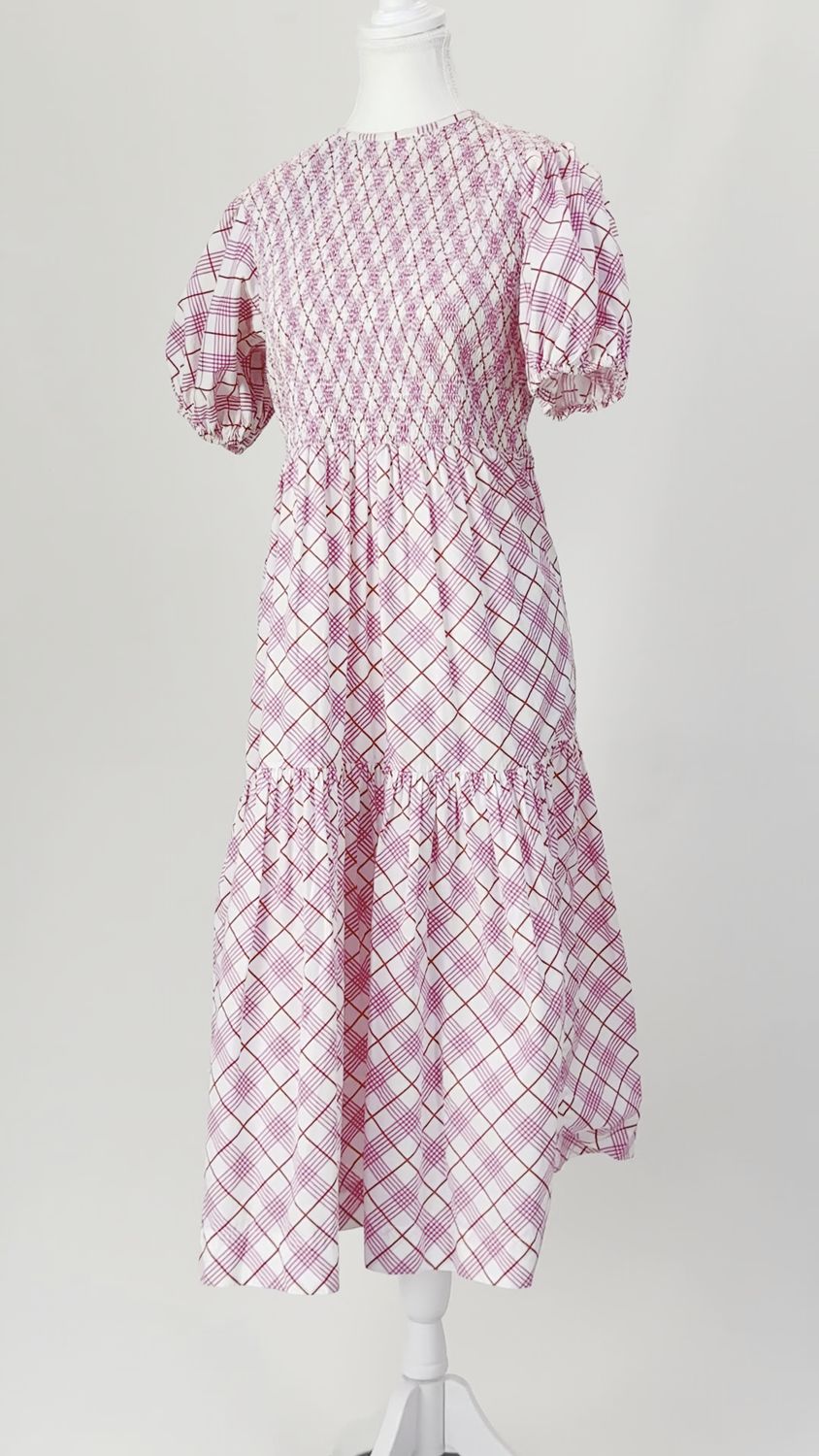 S/W/F, Pinks/White Diamond Check Shirred Bodice Puff S/Slv Midi Dress, Size M