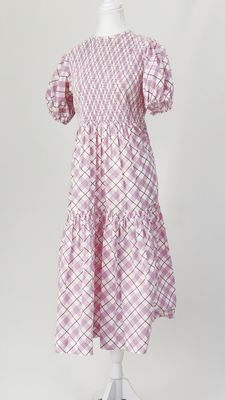 S/W/F, Pinks/White Diamond Check Shirred Bodice Puff S/Slv Midi Dress, Size M