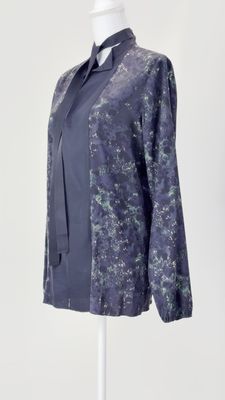 Scanlan Theodore, Purple/Green/Black Grosgrain Ribbon Panel Tie Neck Front L/Slv Silk Blouse, Size 8
