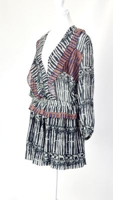 IRO, Grey/Blk/Rust Print Crossover V-Neckline Blouson L/Slv Playsuit, Size 38