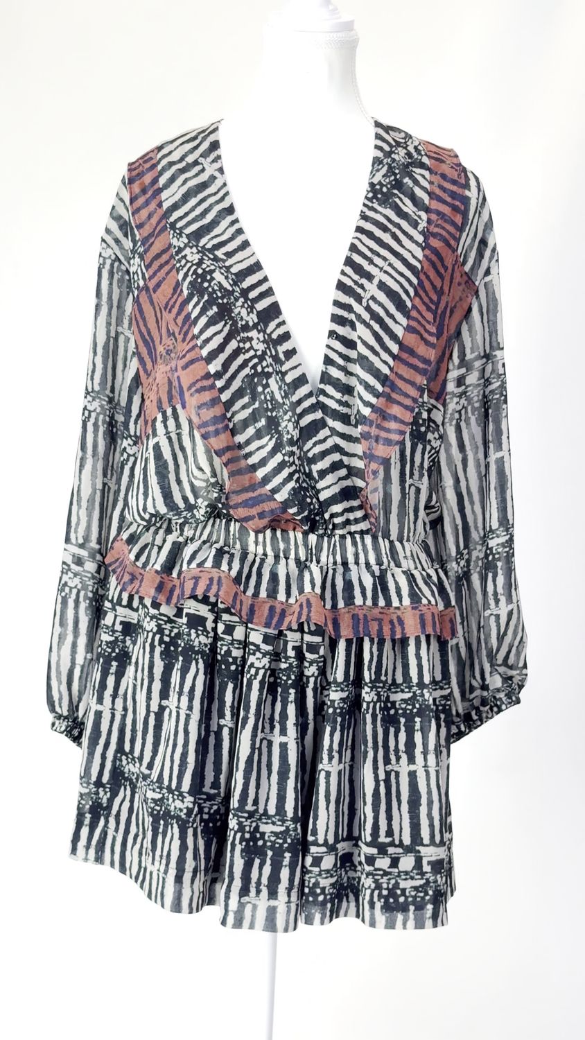 IRO, Grey/Blk/Rust Print Crossover V-Neckline Blouson L/Slv Playsuit, Size 38