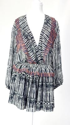 IRO, Grey/Blk/Rust Print Crossover V-Neckline Blouson L/Slv Playsuit, Size 38
