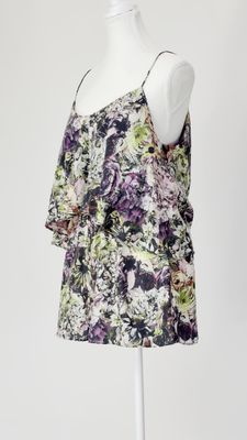 Zimmermann, Purple/Pink/Multi Floral Print Overlay Silk Strappy Playsuit, Size 1