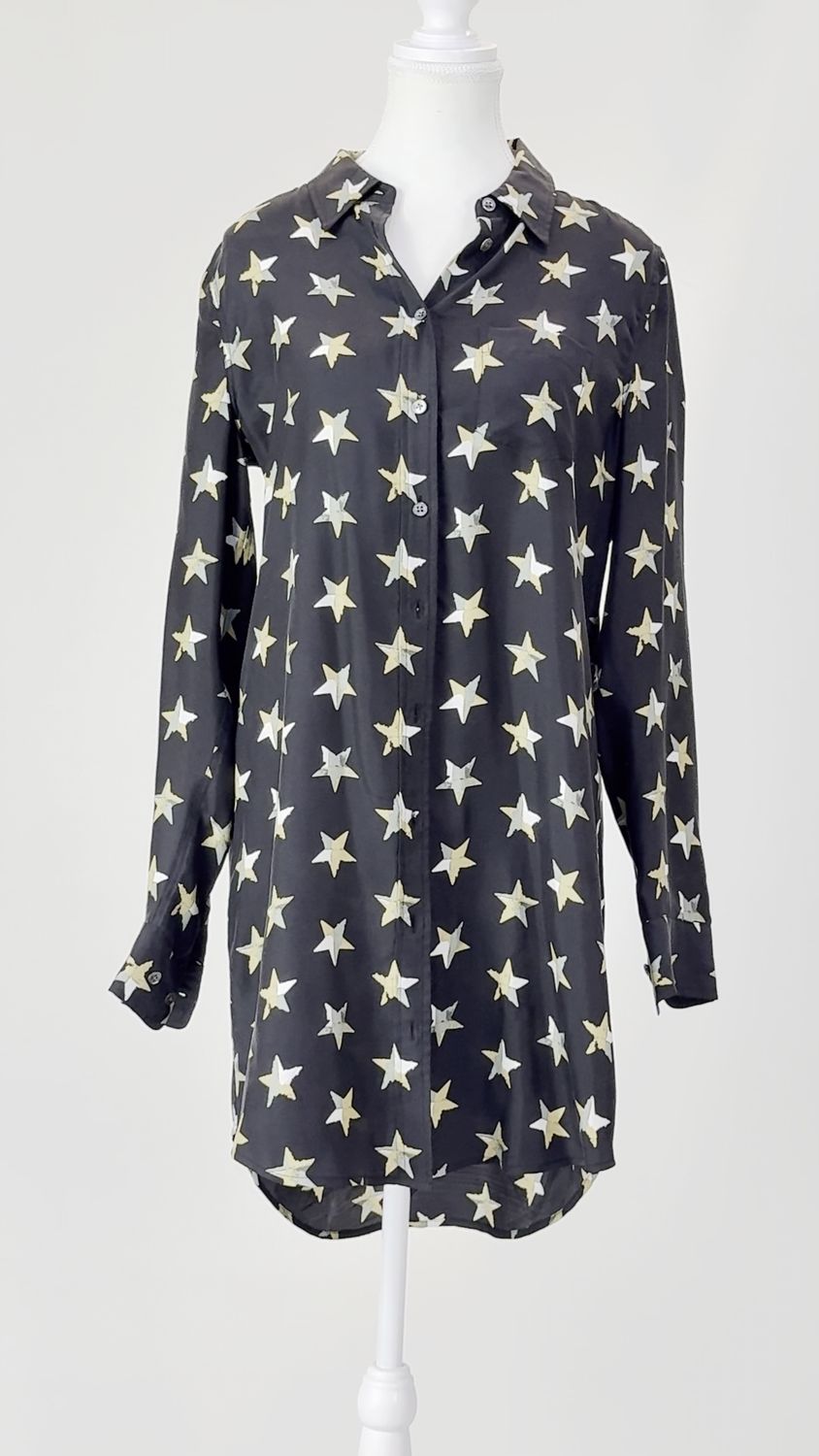 Equipment, Black/Yellow/Green Star Print Silk L/Lsv Shirtdress, Size M