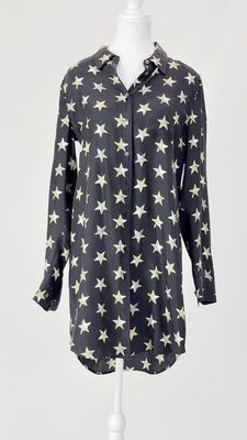Equipment, Black/Yellow/Green Star Print Silk L/Lsv Shirtdress, Size M