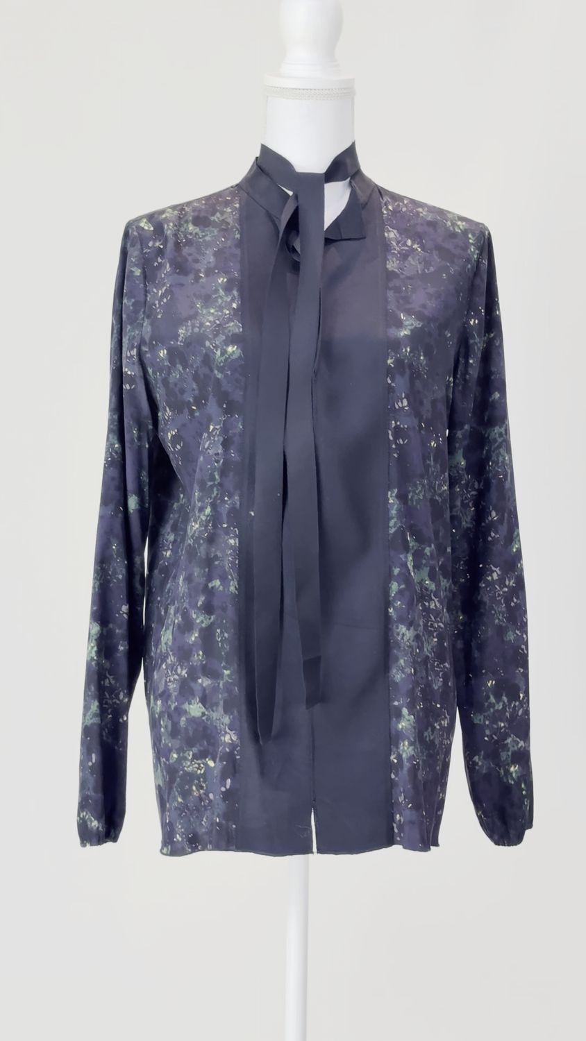 Scanlan Theodore, Purple/Green/Black Grosgrain Ribbon Panel Tie Neck Front L/Slv Silk Blouse, Size 8