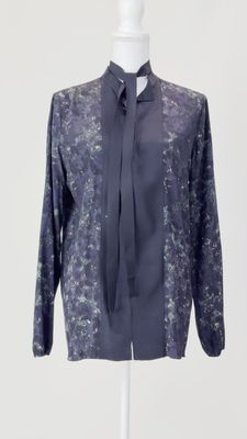 Scanlan Theodore, Purple/Green/Black Grosgrain Ribbon Panel Tie Neck Front L/Slv Silk Blouse, Size 8