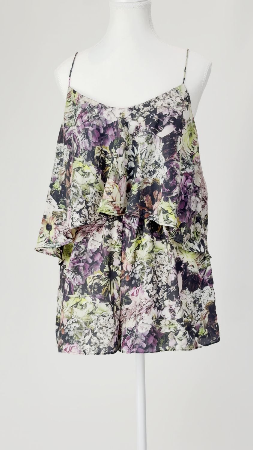 Zimmermann, Purple/Pink/Multi Floral Print Overlay Silk Strappy Playsuit, Size 1