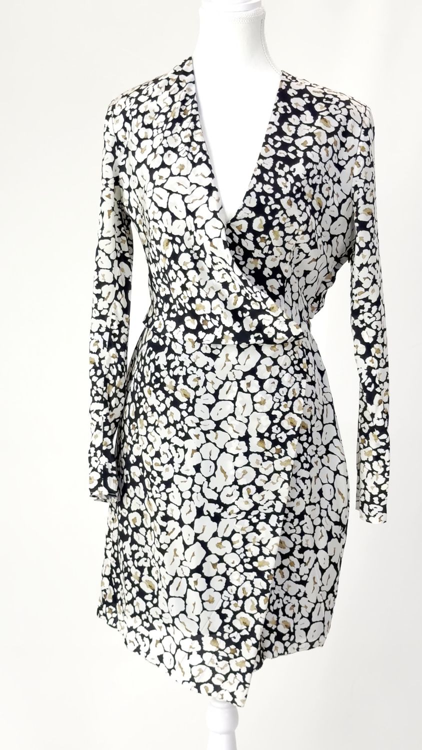 Life With Bird, Stone/Black Animal Print Crossover L/Slv Dress, Size 2