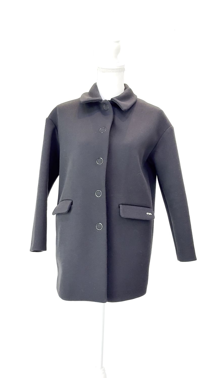 Emporio Armani, Black Snapstud Button Front Twill Coat, Size 0