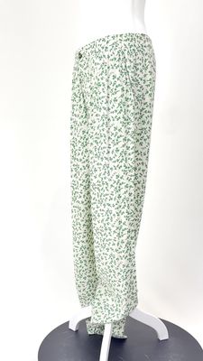 Ganni, Cream/Green Print Elasticated Button Waist Wide Leg Pants, Size 40