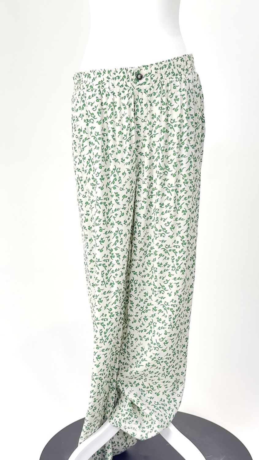 Ganni, Cream/Green Print Elasticated Button Waist Wide Leg Pants, Size 40