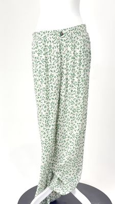 Ganni, Cream/Green Print Elasticated Button Waist Wide Leg Pants, Size 40