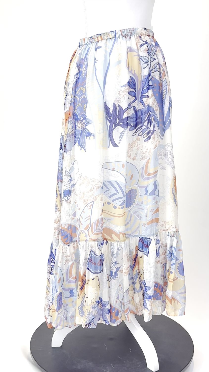 Leo Lin, White/Pinks/Blue/Mult Print Silk Maxi Skirt, Size 10