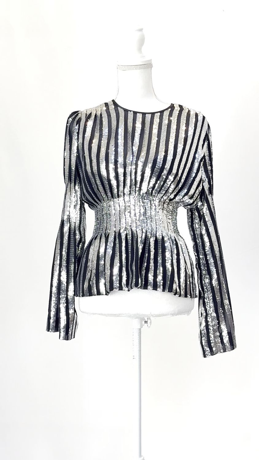 Sass &amp; Bide, Silver/Black Linear Sequin Embellished Flare L/Slv Top, Size 6