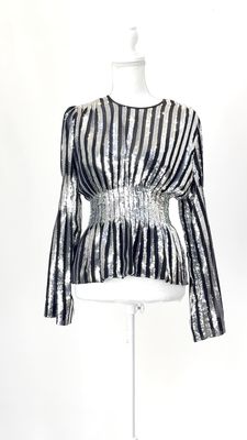 Sass &amp; Bide, Silver/Black Linear Sequin Embellished Flare L/Slv Top, Size 6