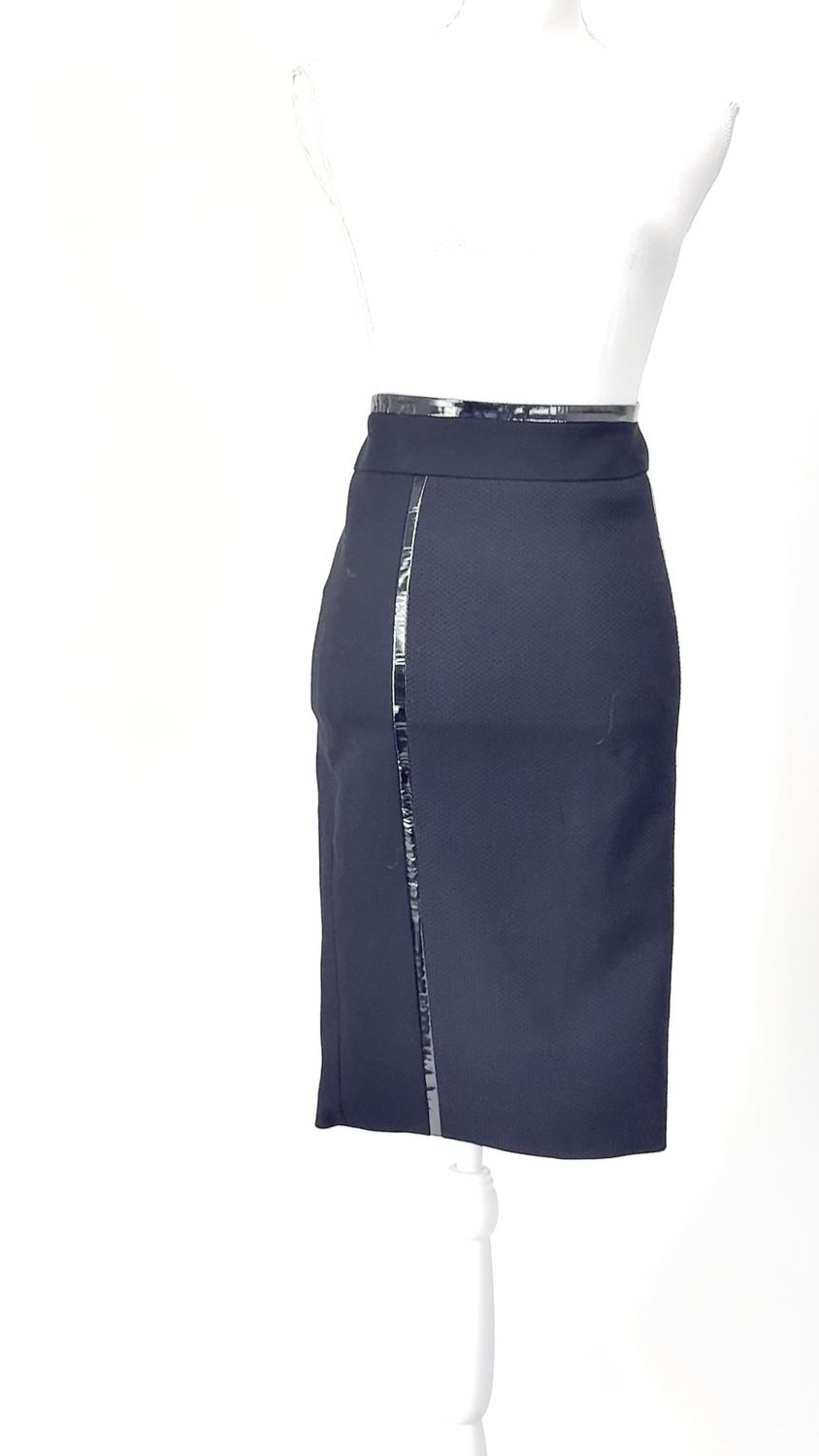 Karen Millen, Black Textured Front Panel Pu Trims Midi Pencil Skirt, Size US2/UK6