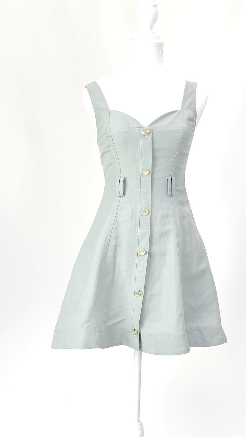 Aje, Sage/Gold Button-Front Panelled Sweetheart Neckline Linen Blend Strap Dress W/D-Ring Belt, Size 6