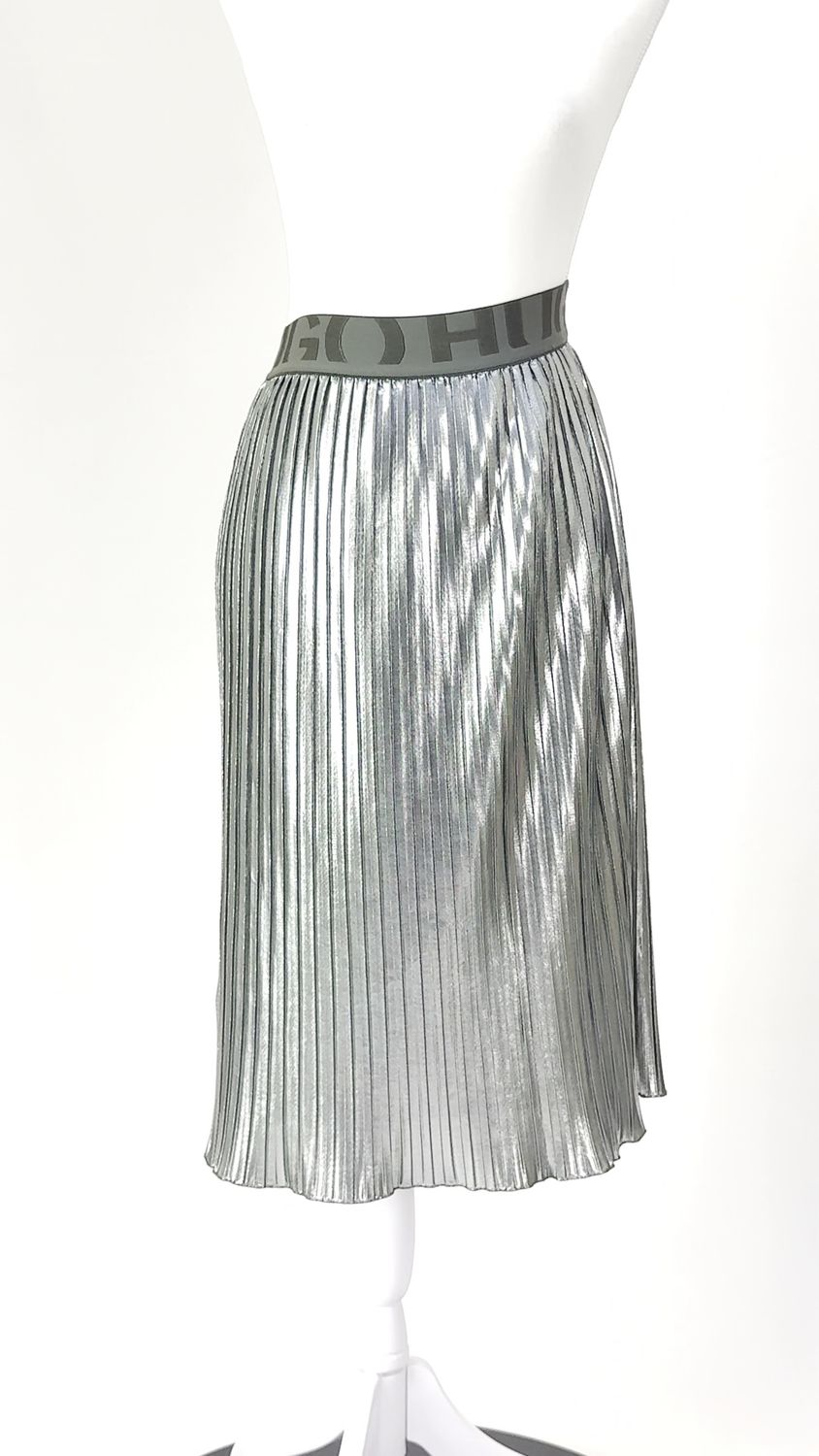 Hugo Hugo Boss, Silver/Grey Logo Elastic W/Band Pleated Skirt, Size US0/UK4