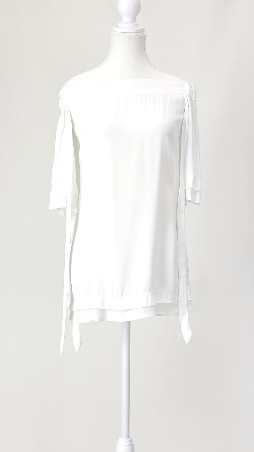 Manning Cartell, White Elasticated Wide Off-Shoulder 1/2 Slv Raw Edge Top W/Shoulder Ties, Size 6